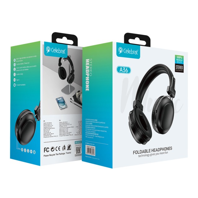 CELEBRAT headphones A36, ασύρματα & ενσύρματα, micro SD, 40mm, 250mAh, μαύρα