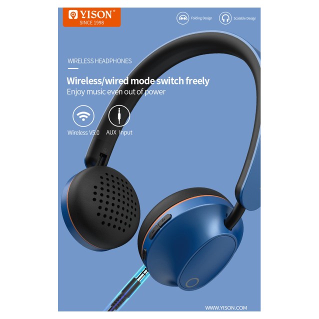 YISON headphones Hanker H3, wireless & wired, BT 5.0, 40mm, μπλε