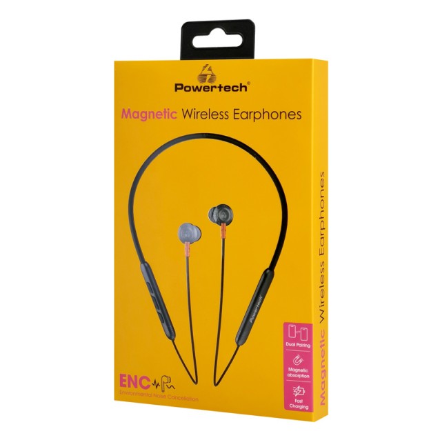 POWERTECH earphones PT-1228 με μαγνήτη, Bluetooth ENC 10mm 180mAh, μαύρα