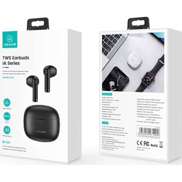 USAMS earphones IA04 με θήκη φόρτισης, True Wireless, Φ13mm, μαύρα