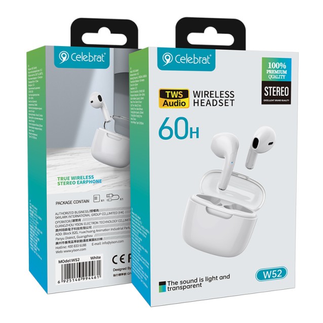 CELEBRAT earphones με θήκη φόρτισης W52, True Wireless, λευκά
