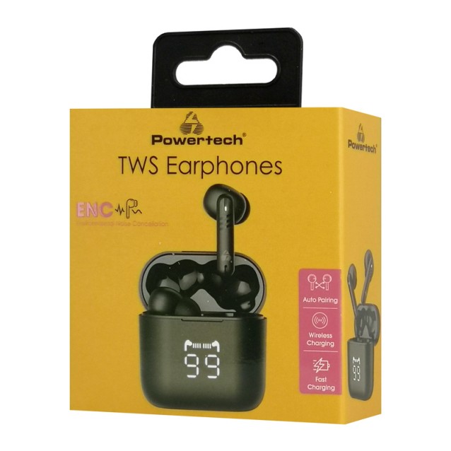 POWERTECH earphones με θήκη φόρτισης PT-1227, TWS, ENC, 30/480mAh, μαύρα