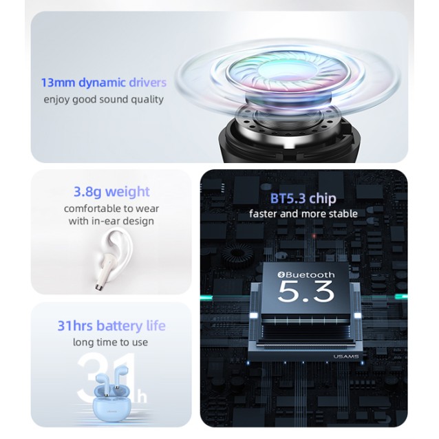 USAMS earphones με θήκη φόρτισης US-YO17, True Wireless, μαύρα