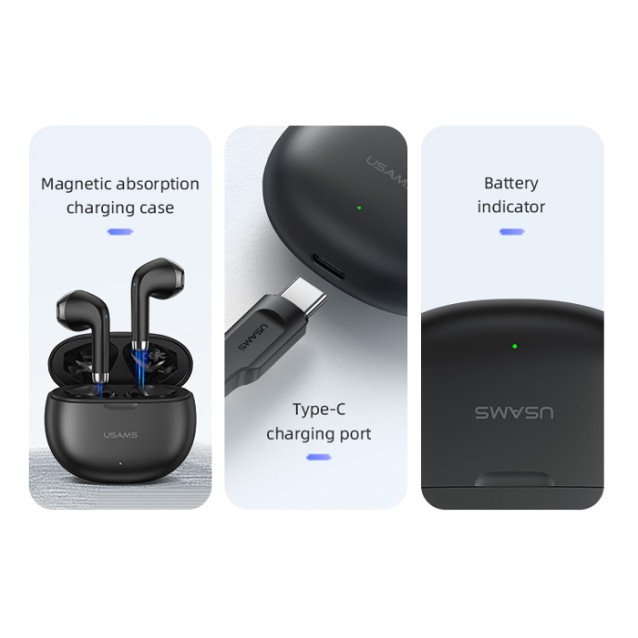 USAMS earphones με θήκη φόρτισης US-YO17, True Wireless, μαύρα