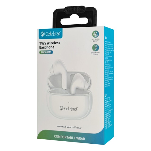CELEBRAT earphones με θήκη φόρτισης W31, True Wireless, λευκά