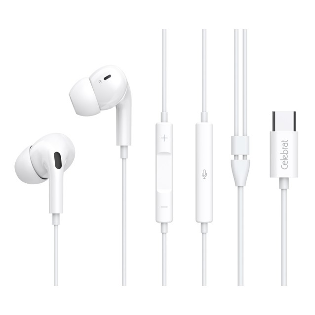 CELEBRAT earphones με μικρόφωνο E300, USB-C, 1.2m, λευκά