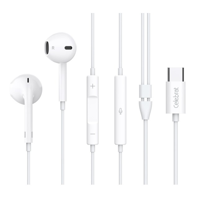 CELEBRAT earphones με μικρόφωνο E500, USB-C, 1.2m, λευκά
