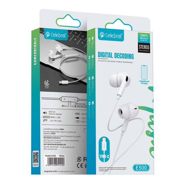 CELEBRAT earphones με μικρόφωνο E300, USB-C, 1.2m, λευκά