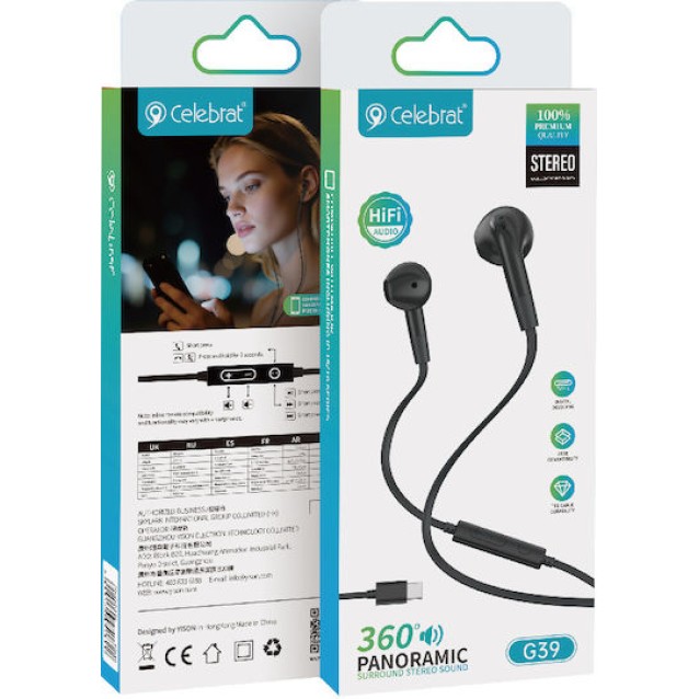 CELEBRAT earphones με μικρόφωνο G39, USB-C σύνδεση, 14mm, 1.2m, μαύρα