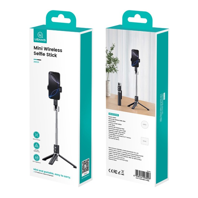 USAMS selfie stick ZB324 με τρίποδο, έως 110cm, Bluetooth, μαύρο