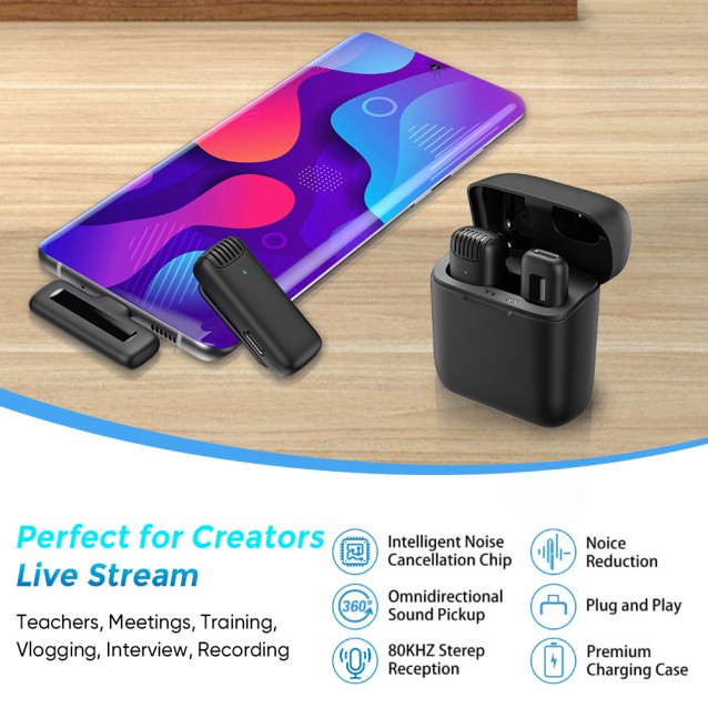 APEXEL ασύρματο μικρόφωνο APL-MIC007 με θήκη φόρτισης, USB-C, 2.4GHz, μαύρο