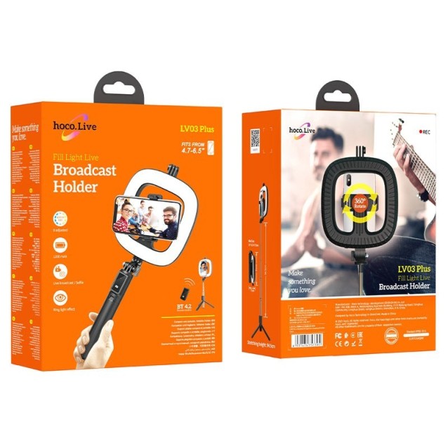 Selfie Stick Hoco LV03 Plus 360ᵒ για Συσκευές 4.7"-6.7" με LED Φωτισμό και Τηλεχειριστήριο Μαύρη