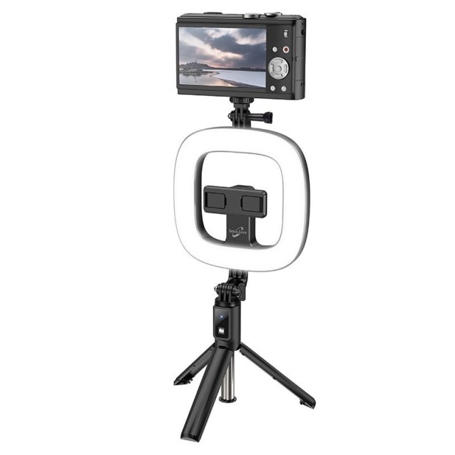 Selfie Stick Hoco LV03 Plus 360ᵒ για Συσκευές 4.7"-6.7" με LED Φωτισμό και Τηλεχειριστήριο Μαύρη