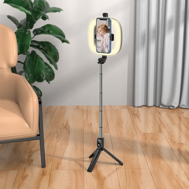 Selfie Stick Hoco LV03 Plus 360ᵒ για Συσκευές 4.7"-6.7" με LED Φωτισμό και Τηλεχειριστήριο Μαύρη