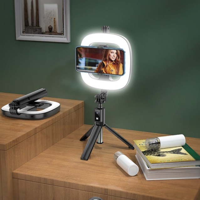 Selfie Stick Hoco LV03 Plus 360ᵒ για Συσκευές 4.7"-6.7" με LED Φωτισμό και Τηλεχειριστήριο Μαύρη