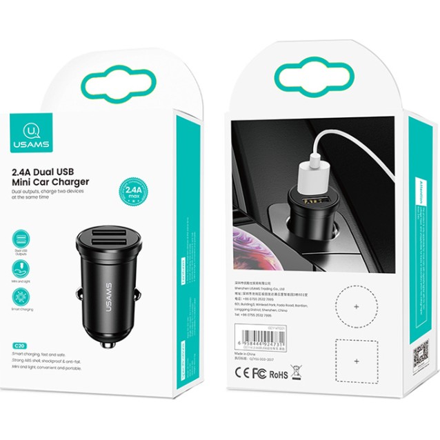 USAMS φορτιστής αυτοκινήτου C20, 2x USB, 2.4A, μαύρο