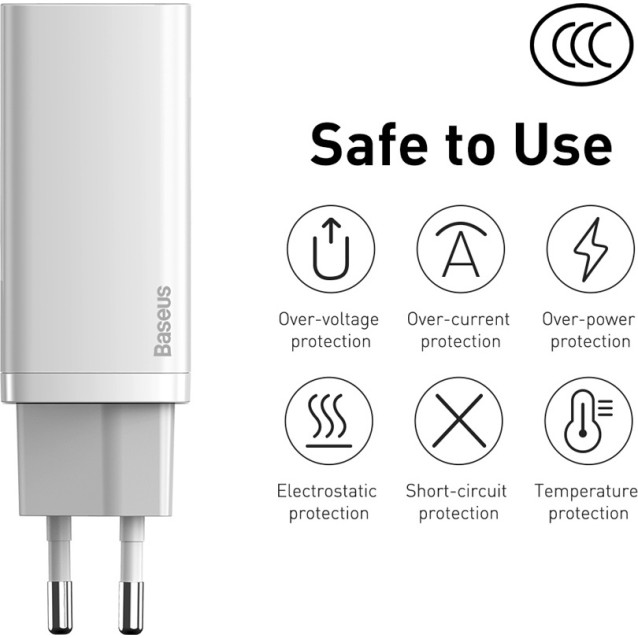 BASEUS GAN 2 LITE ΦΟΡΤΙΣΤΗΣ ΓΡΗΓΟΡΗΣ ΦΟΡΤΙΣΗΣ, 2 ΘΥΡΕΣ, 65W, ΛΕΥΚΟΣ