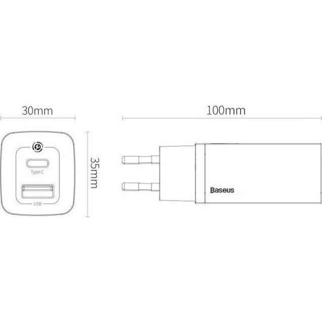 BASEUS GAN 2 LITE ΦΟΡΤΙΣΤΗΣ ΓΡΗΓΟΡΗΣ ΦΟΡΤΙΣΗΣ, 2 ΘΥΡΕΣ, 65W, ΛΕΥΚΟΣ