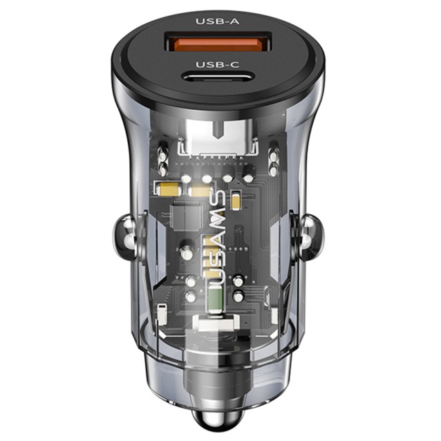 USAMS φορτιστής αυτοκινήτου US-CC164, USB & USB-C, 30W, μαύρος