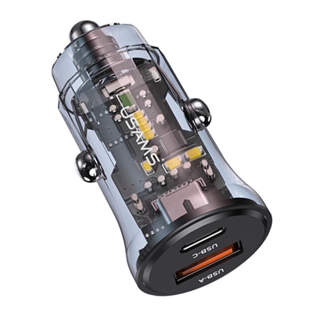 USAMS φορτιστής αυτοκινήτου US-CC164, USB & USB-C, 30W, μαύρος