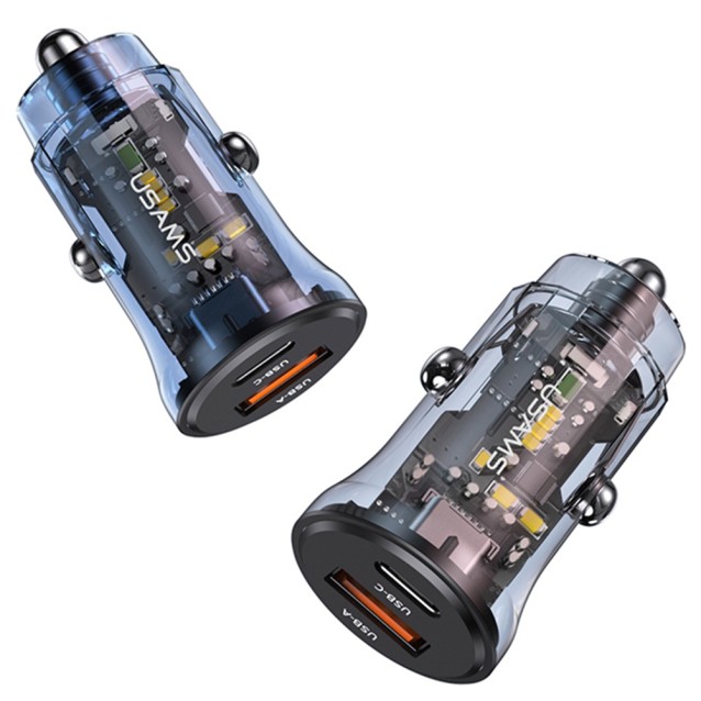 USAMS φορτιστής αυτοκινήτου US-CC164, USB & USB-C, 30W, μαύρος