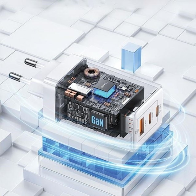 USAMS φορτιστής τοίχου US-CC180, USB & 2x USB-C, 65W PD, GaN, μαύρος