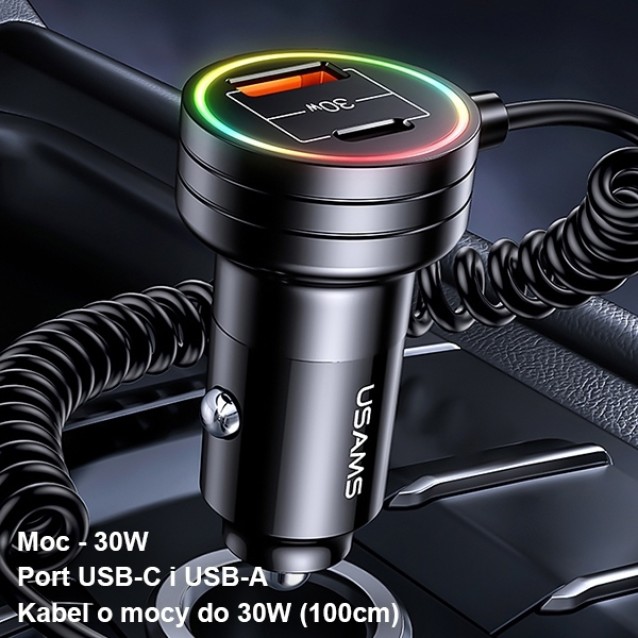 USAMS φορτιστής αυτοκινήτου US-CC167 με καλώδιο, USB/USB-C, 60W, μαύρος