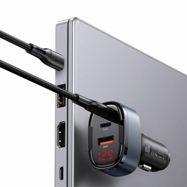 USAMS φορτιστής αυτοκινήτου US-CC257, USB/USB-C/Lightning, 100W, γκρι
