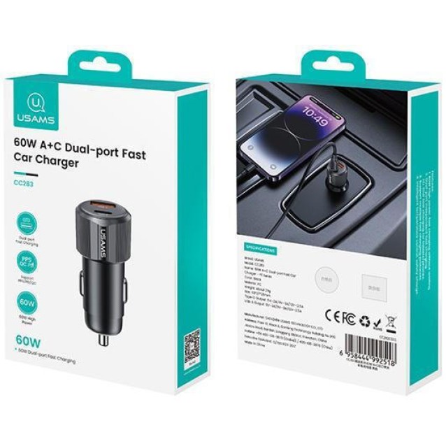 USAMS φορτιστής αυτοκινήτου CC283, USB & USB-C, 60W, μαύρος