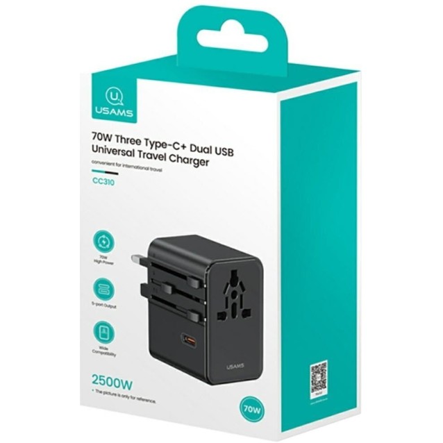 USAMS φορτιστής/αντάπτορας πρίζας CC310, 2x USB & 3x USB-C, universal, 70W, μαύρος