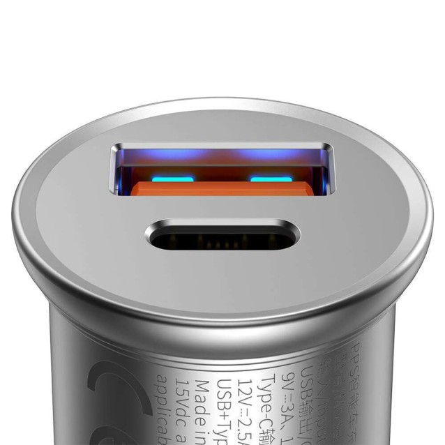 BASEUS CIRCULAR METAL, ΦΟΡΤΙΣΤΗΣ ΑΥΤΟΚΙΝΗΤΟΥ ΓΡΗΓΟΡΗΣ ΦΟΡΤΙΣΗΣ, 2 ΘΥΡΕΣ, 30W, ΑΣΗΜΙ