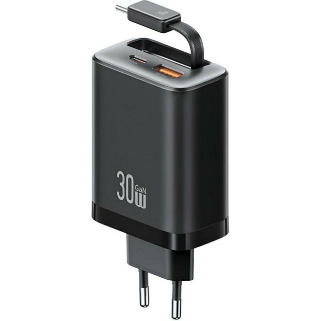 USAMS φορτιστής τοίχου CC296 με καλώδιο, USB & USB-C, 30W, μαύρος