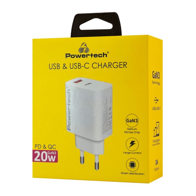 POWERTECH φορτιστής τοίχου PT-1437, USB/USB-C, 20W, GaN, λευκός