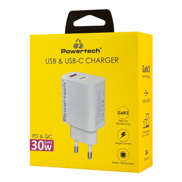 POWERTECH φορτιστής τοίχου PT-1433, USB/USB-C, 30W, GaN, λευκός