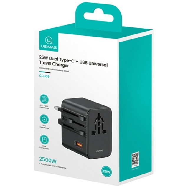 USAMS φορτιστής/αντάπτορας πρίζας CC309, USB & 2x USB-C, universal, 25W, μαύρος