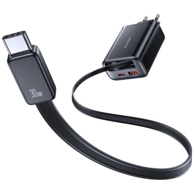 USAMS φορτιστής τοίχου CC296 με καλώδιο, USB & USB-C, 30W, μαύρος