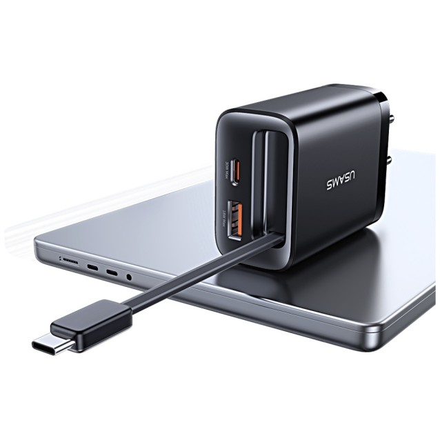 USAMS φορτιστής τοίχου CC296 με καλώδιο, USB & USB-C, 30W, μαύρος