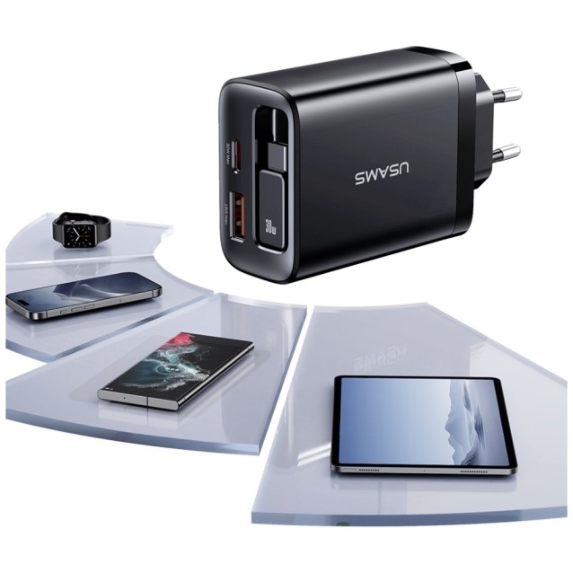 USAMS φορτιστής τοίχου CC296 με καλώδιο, USB & USB-C, 30W, μαύρος