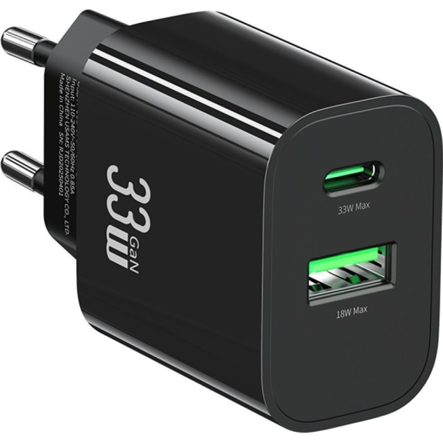 USAMS φορτιστής τοίχου CC317, USB & USB-C, 33W, GaN, μαύρος