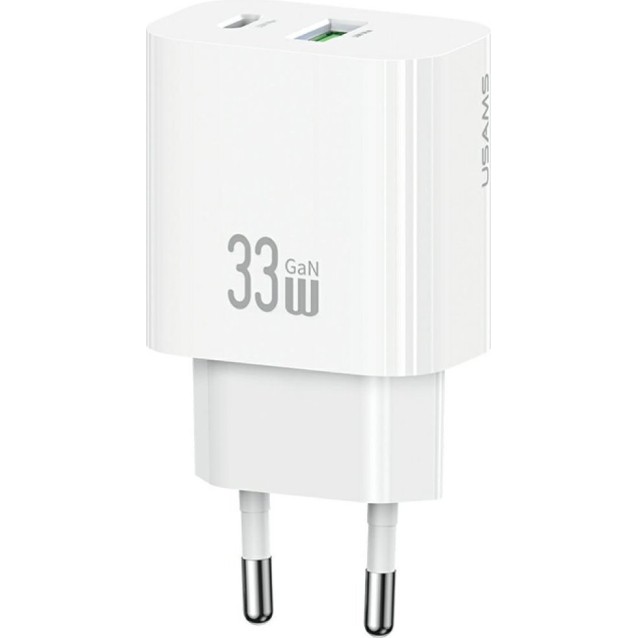 USAMS φορτιστής τοίχου CC317, USB & USB-C, 33W, GaN, λευκός