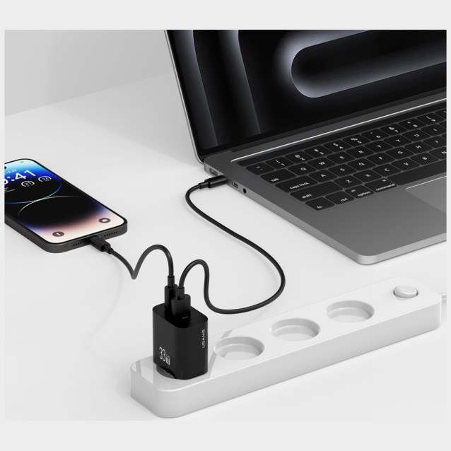 USAMS φορτιστής τοίχου CC317, USB & USB-C, 33W, GaN, μαύρος