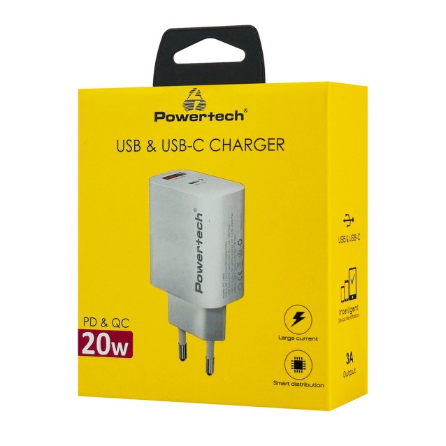 POWERTECH φορτιστής τοίχου PT-1493, USB/USB-C, 20W, λευκός