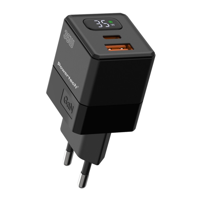 POWERTECH φορτιστής τοίχου PT-1499 με οθόνη, USB/USB-C, 35W, GaN, μαύρος