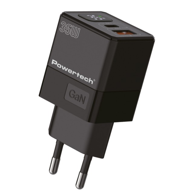 POWERTECH φορτιστής τοίχου PT-1499 με οθόνη, USB/USB-C, 35W, GaN, μαύρος