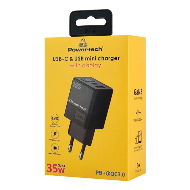 POWERTECH φορτιστής τοίχου PT-1499 με οθόνη, USB/USB-C, 35W, GaN, μαύρος