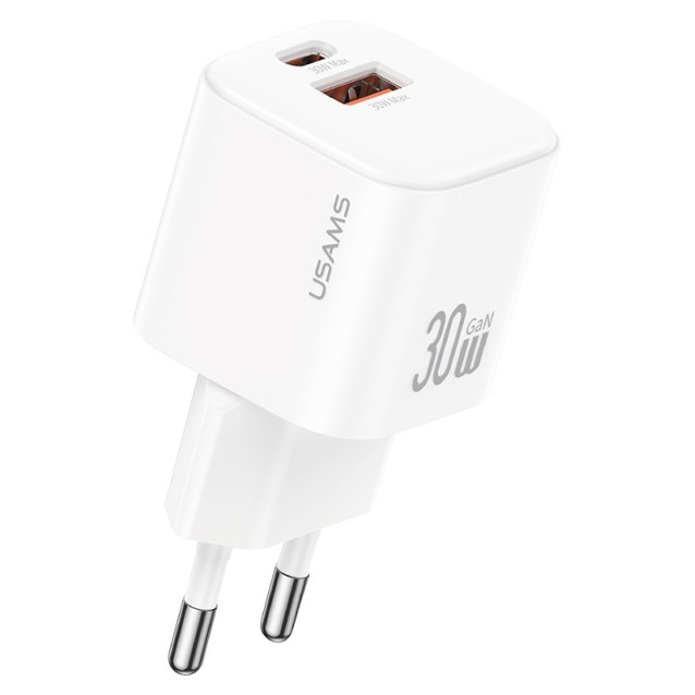 USAMS φορτιστής τοίχου CC263, USB & USB-C, 30W, GaN, λευκός