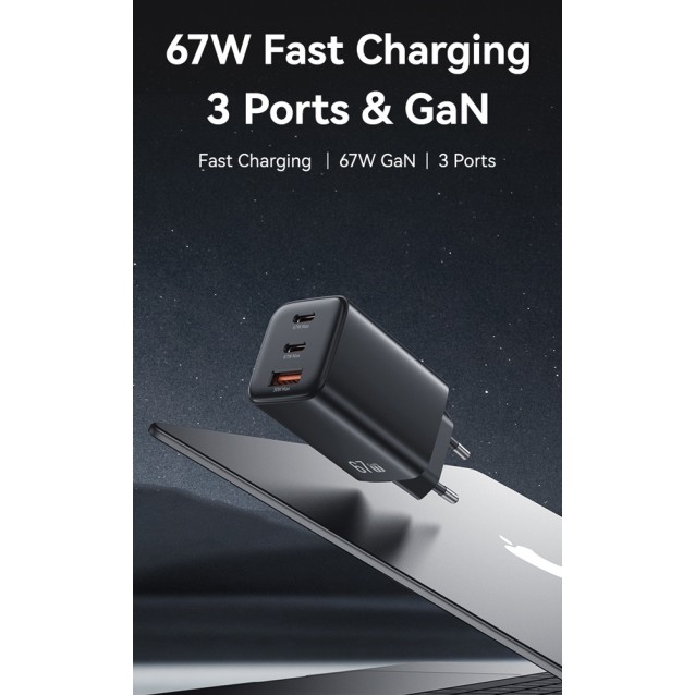 USAMS φορτιστής τοίχου CC265, USB & 2x USB-C, 67W, GaN, μαύρος