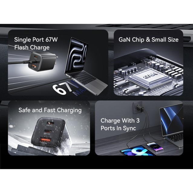 USAMS φορτιστής τοίχου CC265, USB & 2x USB-C, 67W, GaN, μαύρος