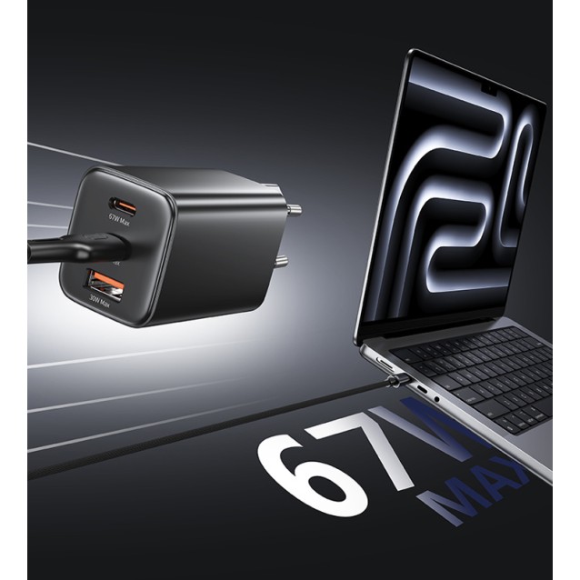 USAMS φορτιστής τοίχου CC265, USB & 2x USB-C, 67W, GaN, μαύρος