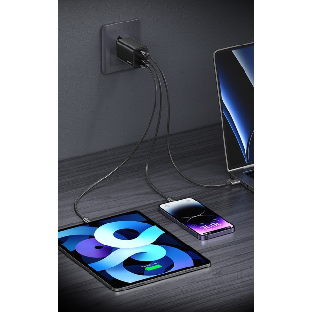 USAMS φορτιστής τοίχου CC265, USB & 2x USB-C, 67W, GaN, μαύρος